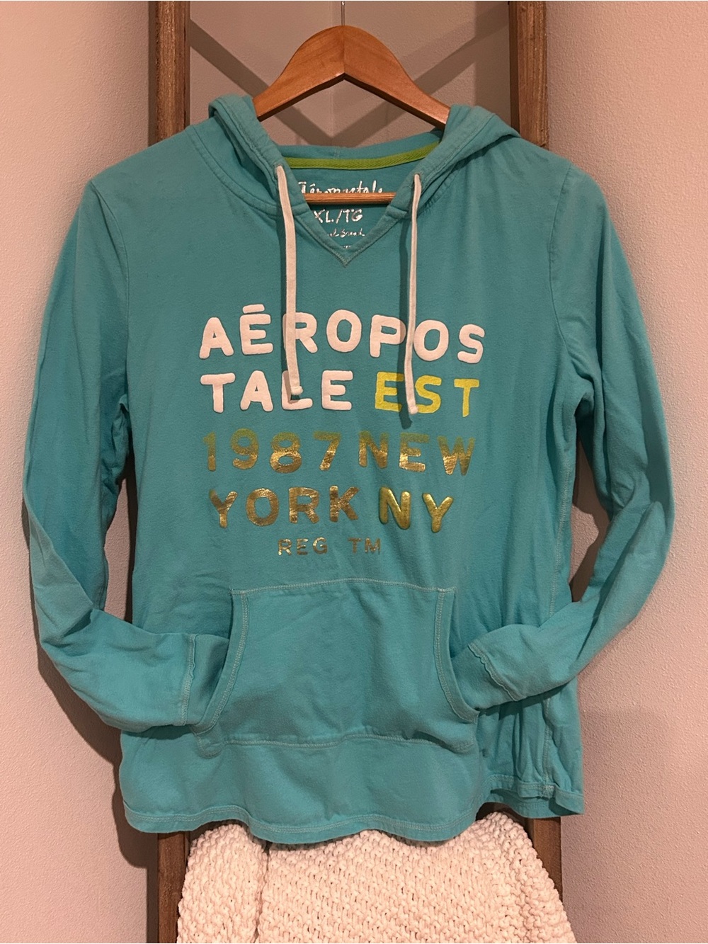 Aeropostale Y2K Teal Hooded Pullover with Gold Foil Logo